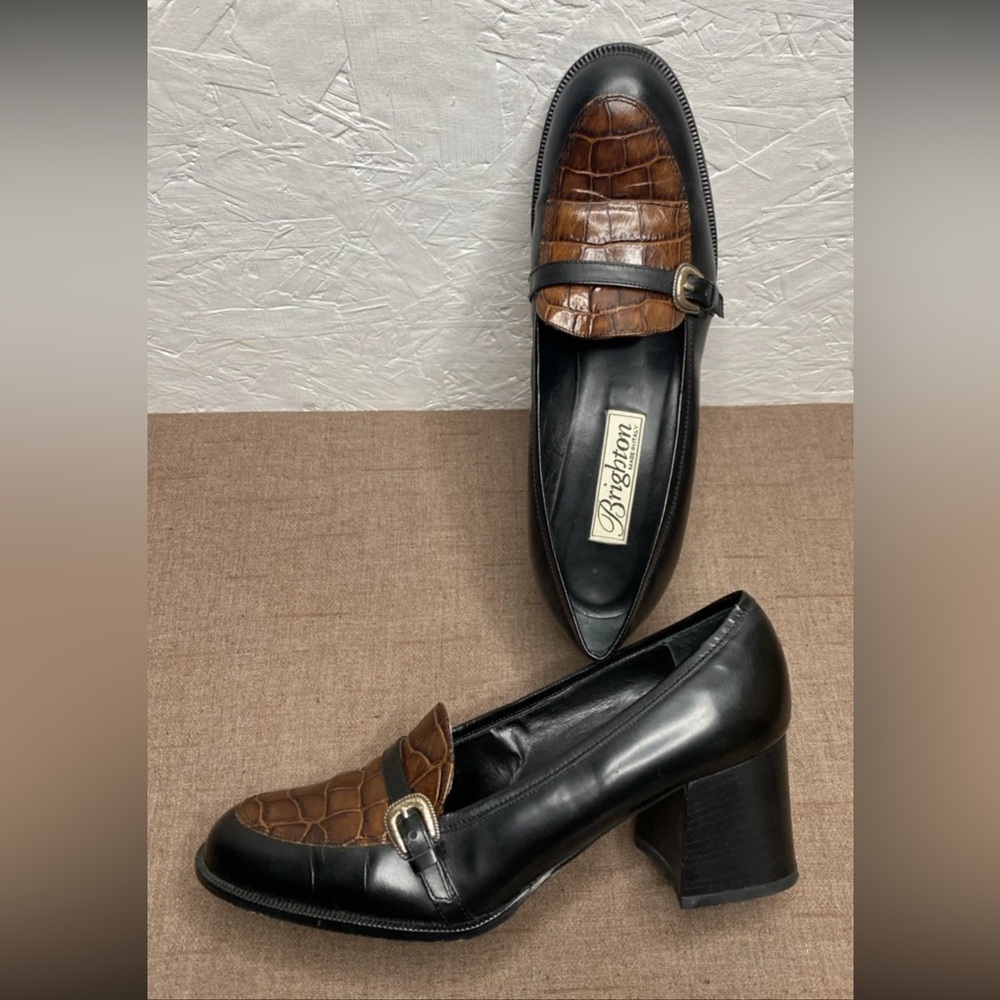 Brighton Women's Loafers Brown Black Leather Block Heel Size 7.5M Made in Italy